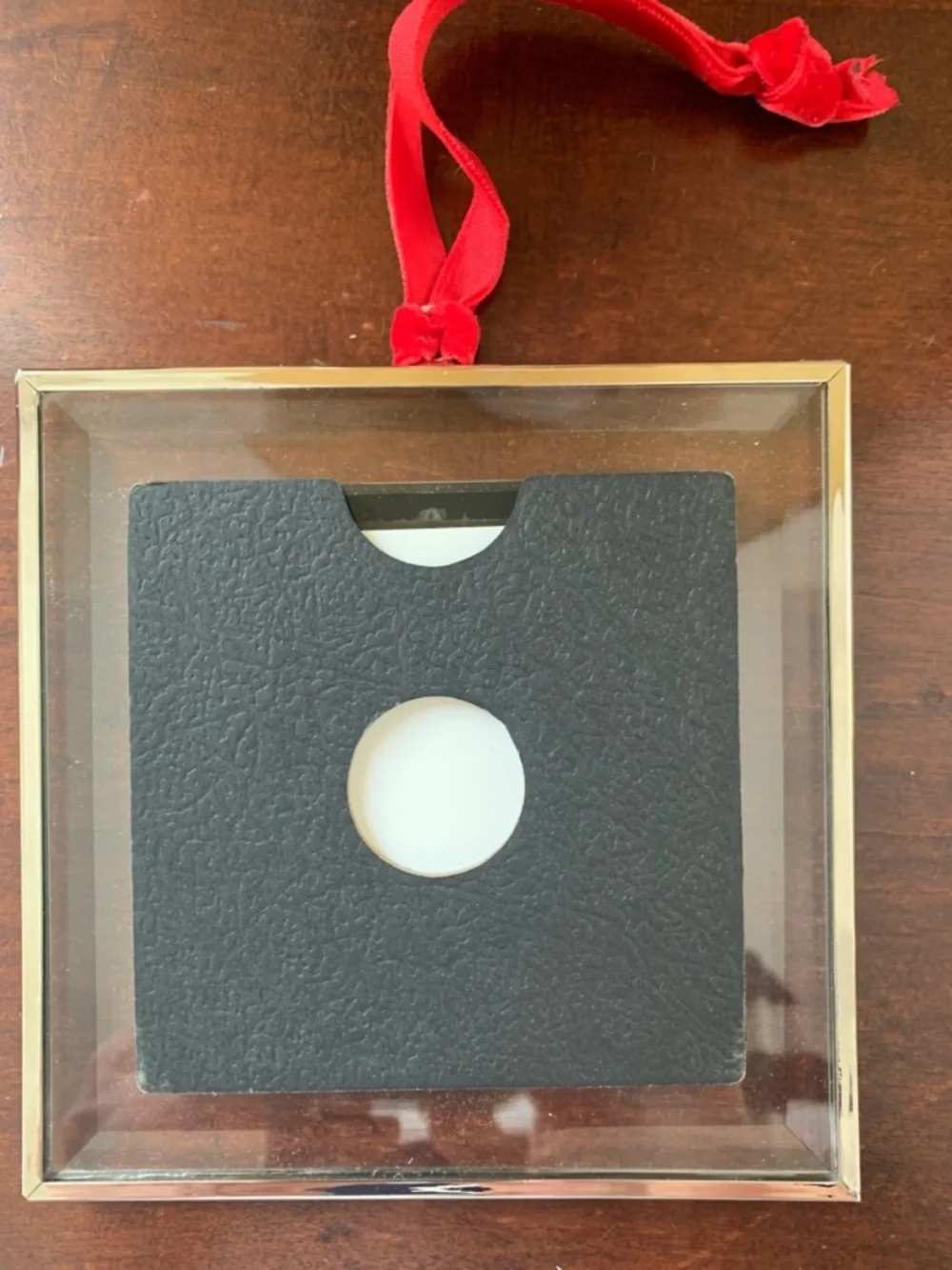 Pottery Barn Gold Square Glass Hanging Frame with Red Velvet Ribbon